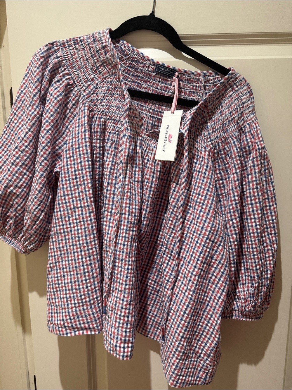 Vineyard Vines Red and Blue Plaid Smocked Peasant Blouse